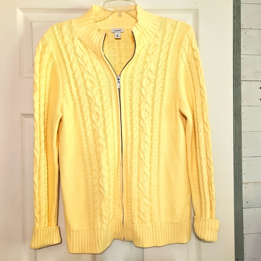 L.L. Bean Pastel Butter Yellow Cable Knit Zip Up Sweater Cardigan